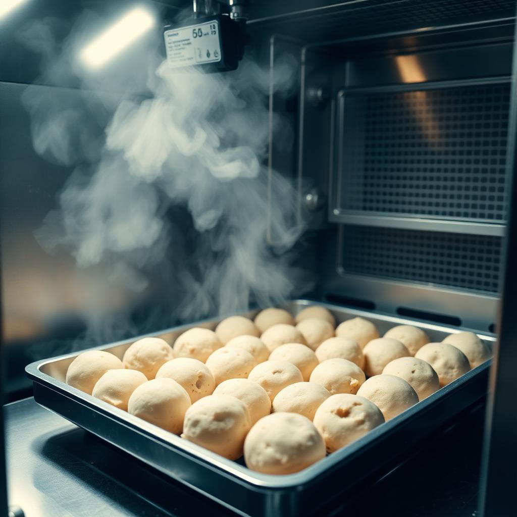 Tray of raw pão de queijo dough balls entering a blast freezer