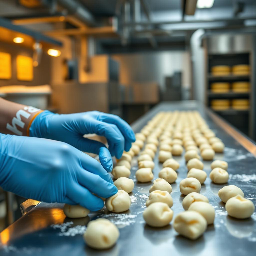 Gloved hands portioning Brazilian cheese bread dough in a SALSA-approved London facility