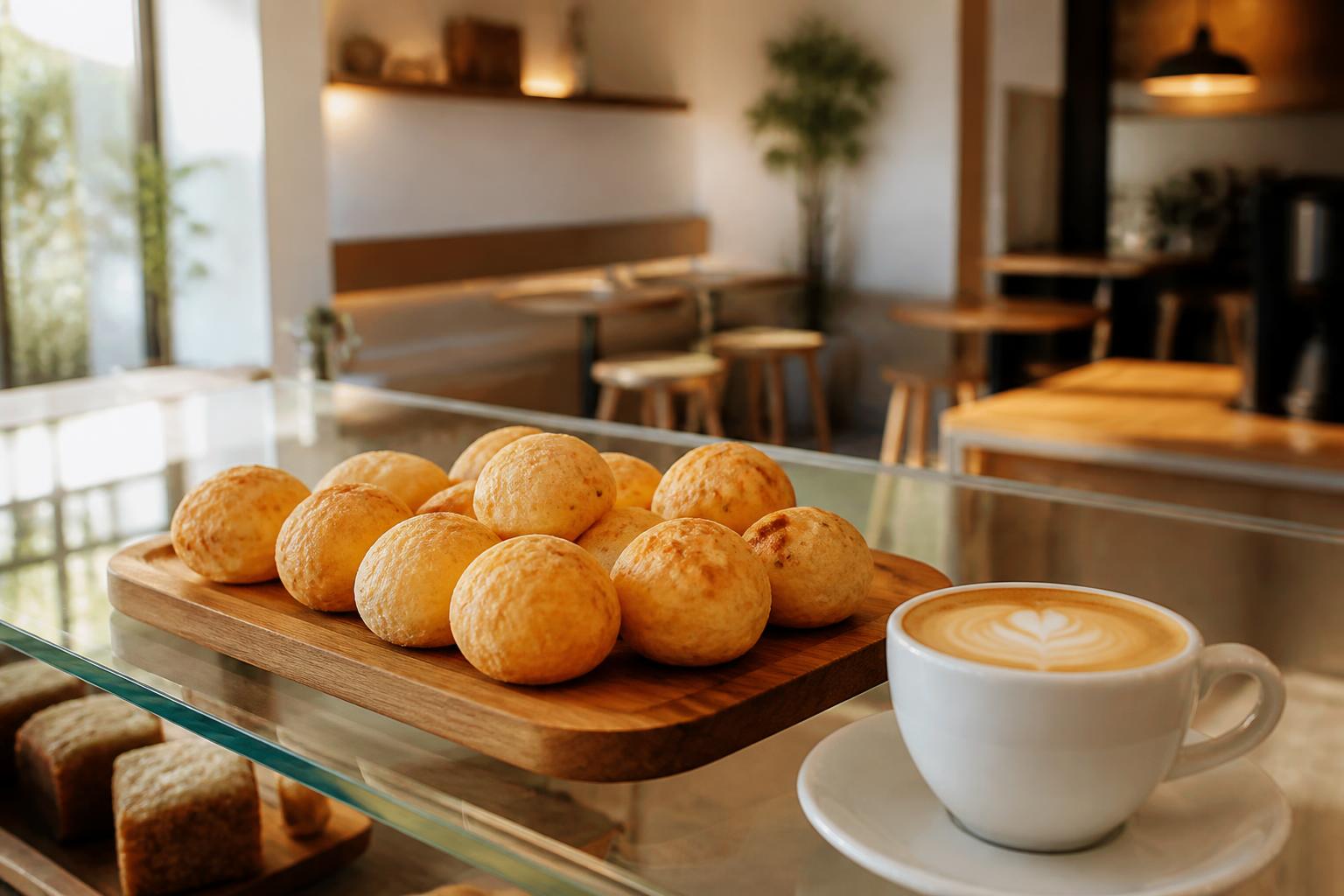 Golden Brazilian cheese bread displayed in a UK specialty coffee shop counter beside a flat white